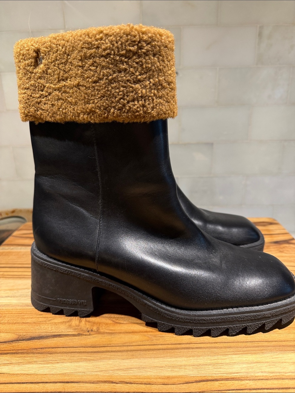 Black Leather Winter Ankle Boots with Camel Shearling Cuff